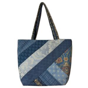 Handcrafted Blue Quilted Tote Purse Patchwork Design Footed Bottom Pockets